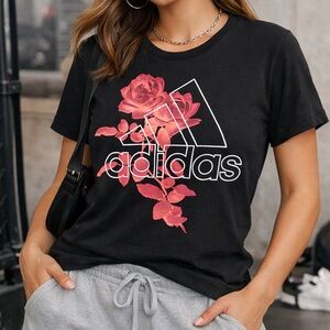 Adidas Floral Logo Graphic Tee Black Pink Roses Short Sleeve Athletic T-Shirt S